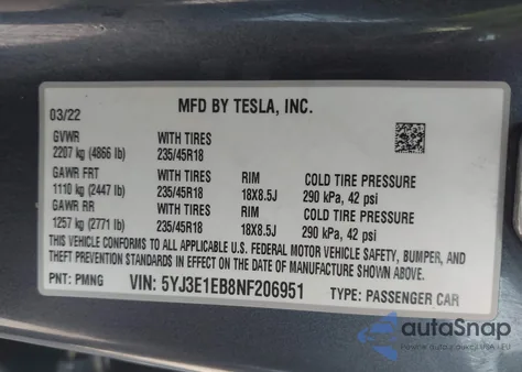 2022 Tesla Model 3 Long Range Dual Motor All-Wheel Drive from USA, damaged, VIN 5YJ3E1EB8NF206951